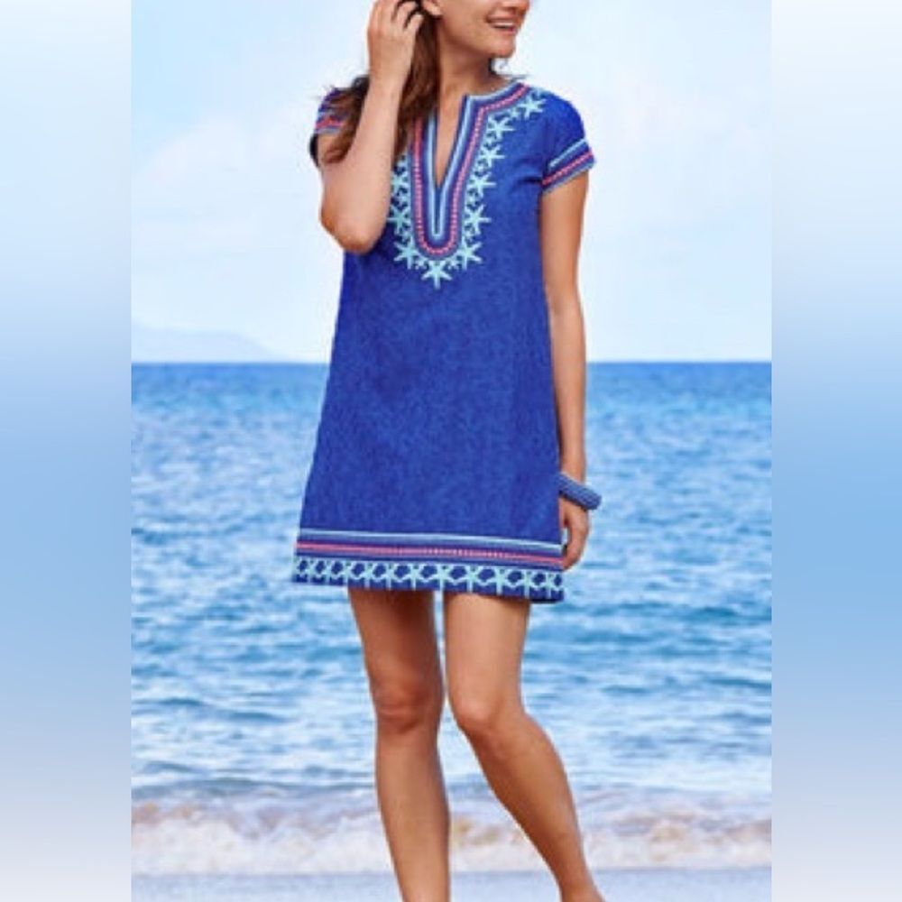Vineyard Vines Blue and coral Embroidered Mini shift Dress. Sz 2.